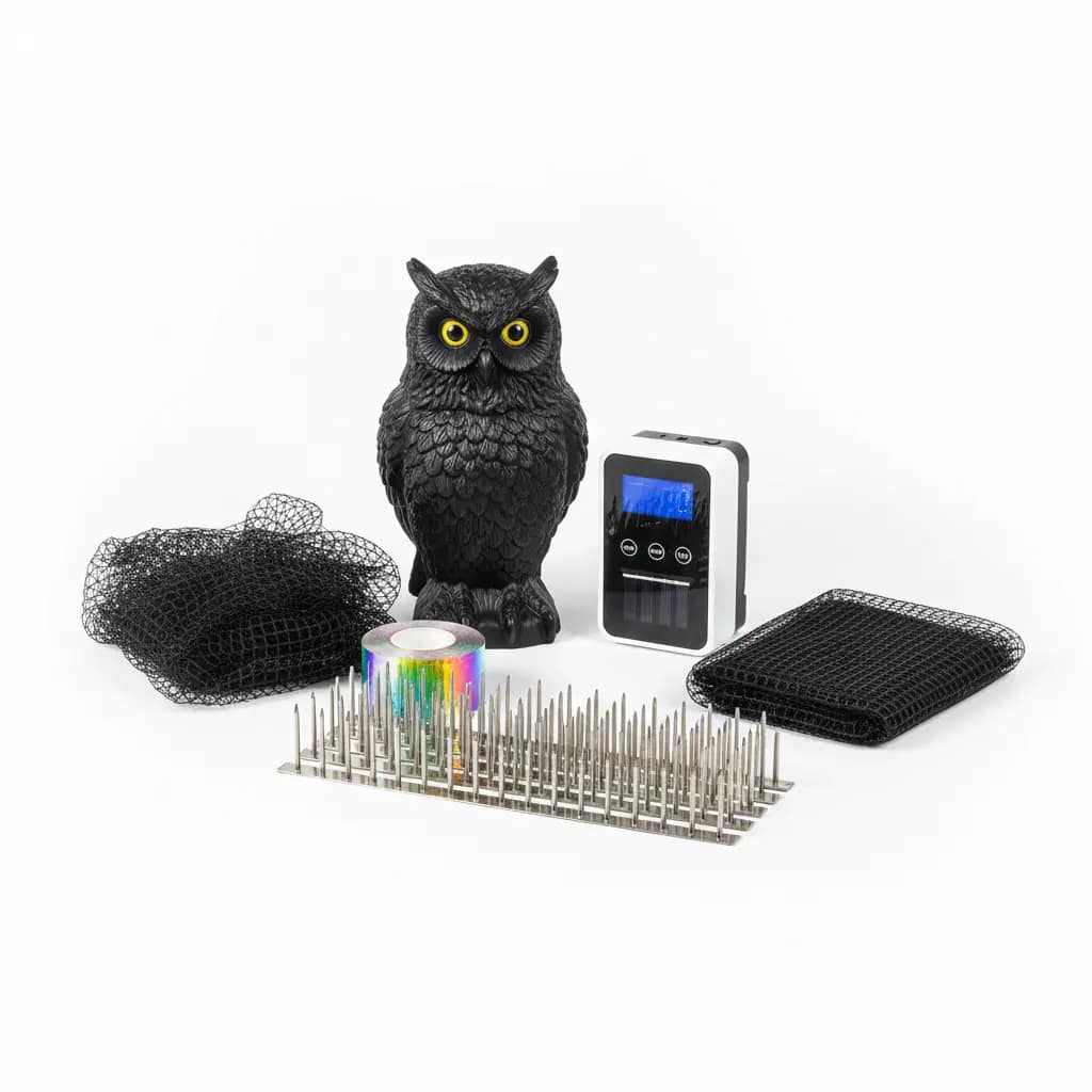 Various bird scarer systems including spikes and audio devices